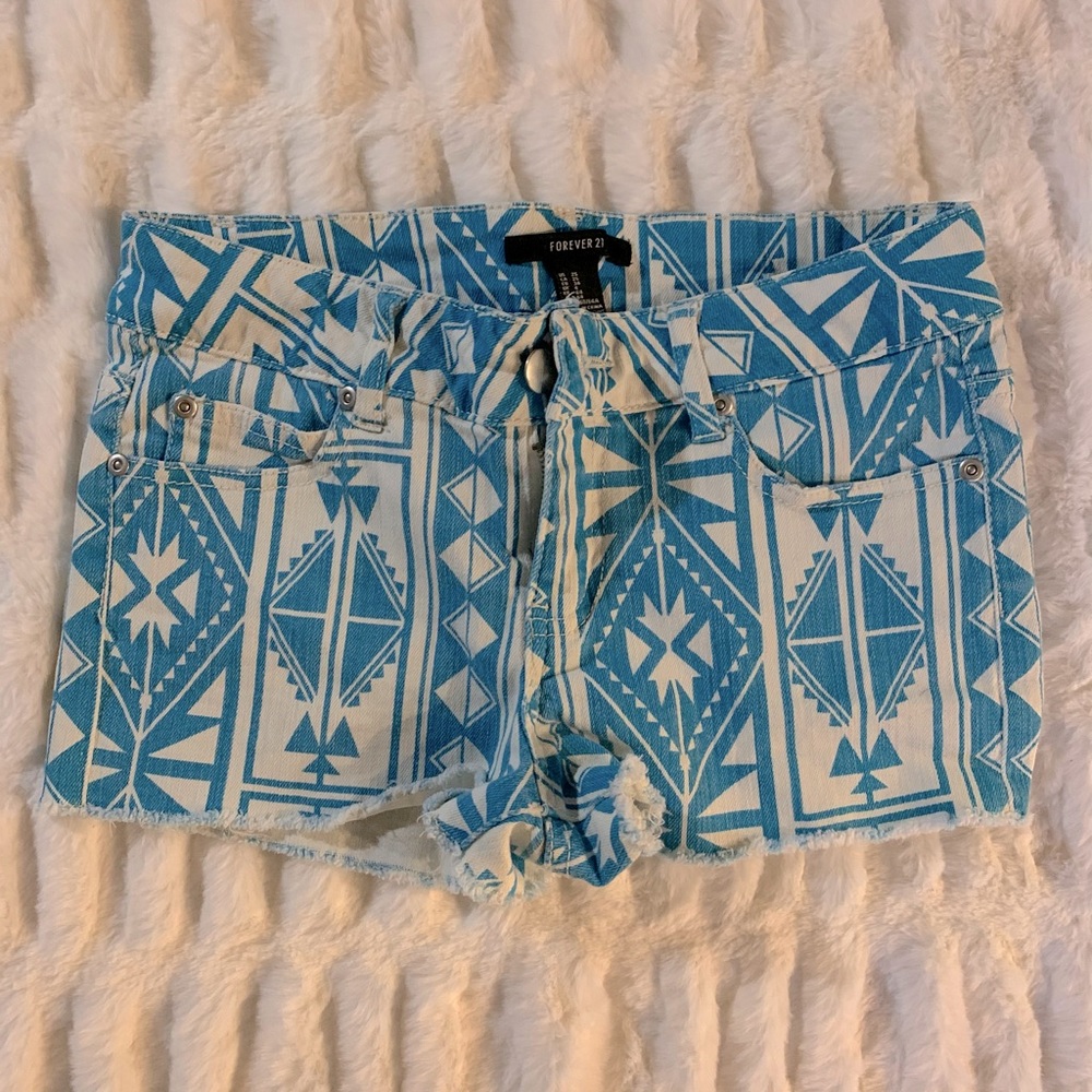 Aztec print denim shorts